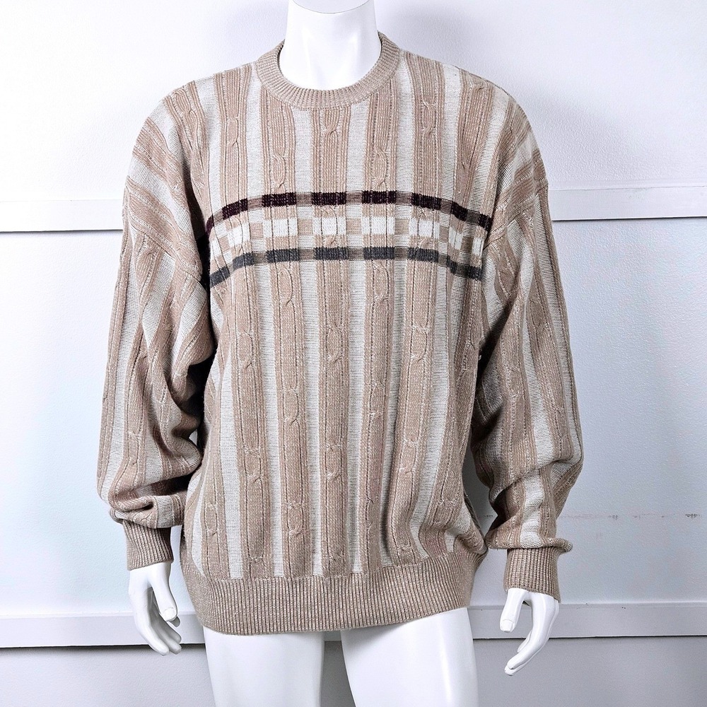 David Taylor Mens XXL Vintage Grandpa Beige Cable Knit Striped Pullover Sweater